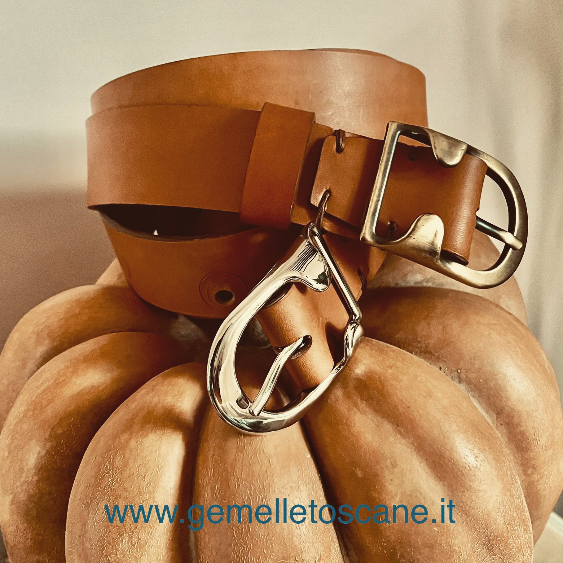 Cintura artigianale in cuoio di Gemelle Toscane con fibbia metallica lucida su sfondo di zucca