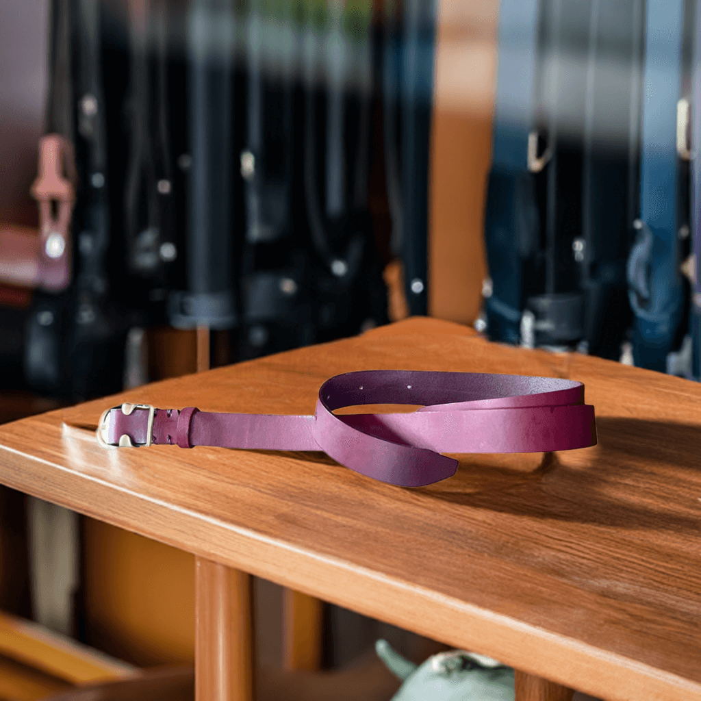 Cintura in cuoio bordeaux di Gemelle Toscane borse artigianali su un tavolo di legno