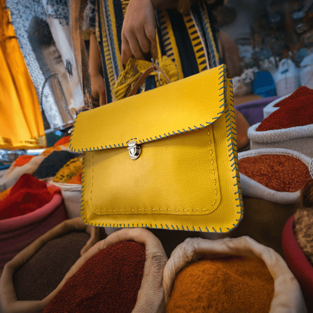 Cartella a tracolla gialla. Handcrafted bag, Yellow leather briefcase with leather handle.