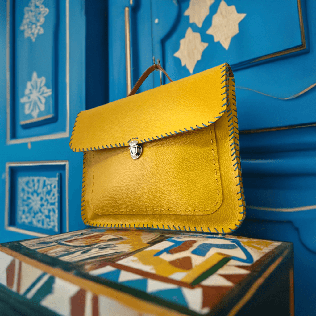 Cartella a tracolla gialla. Handcrafted bag, Yellow leather briefcase with leather handle.