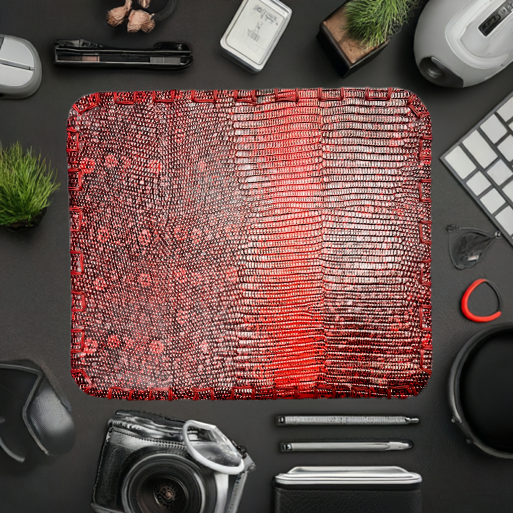 Tappetino mouse pelle fatto a mano con design a rettile in rosso, ideale per ufficio e home office